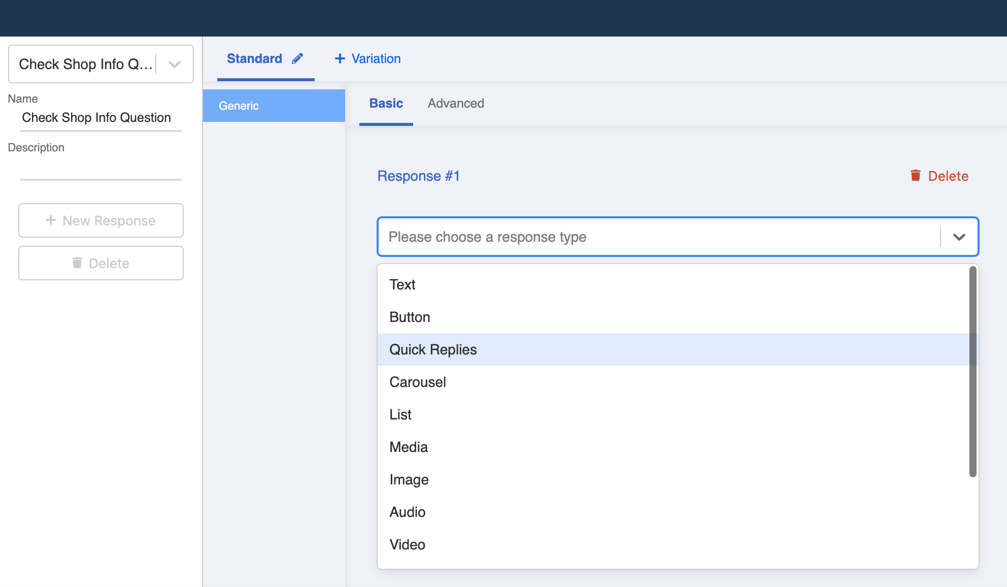 Create quick replies for Shop Info question